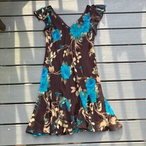 Brown and blue floral ruffle godet V-neck dress, Y2K boho chic fairycore